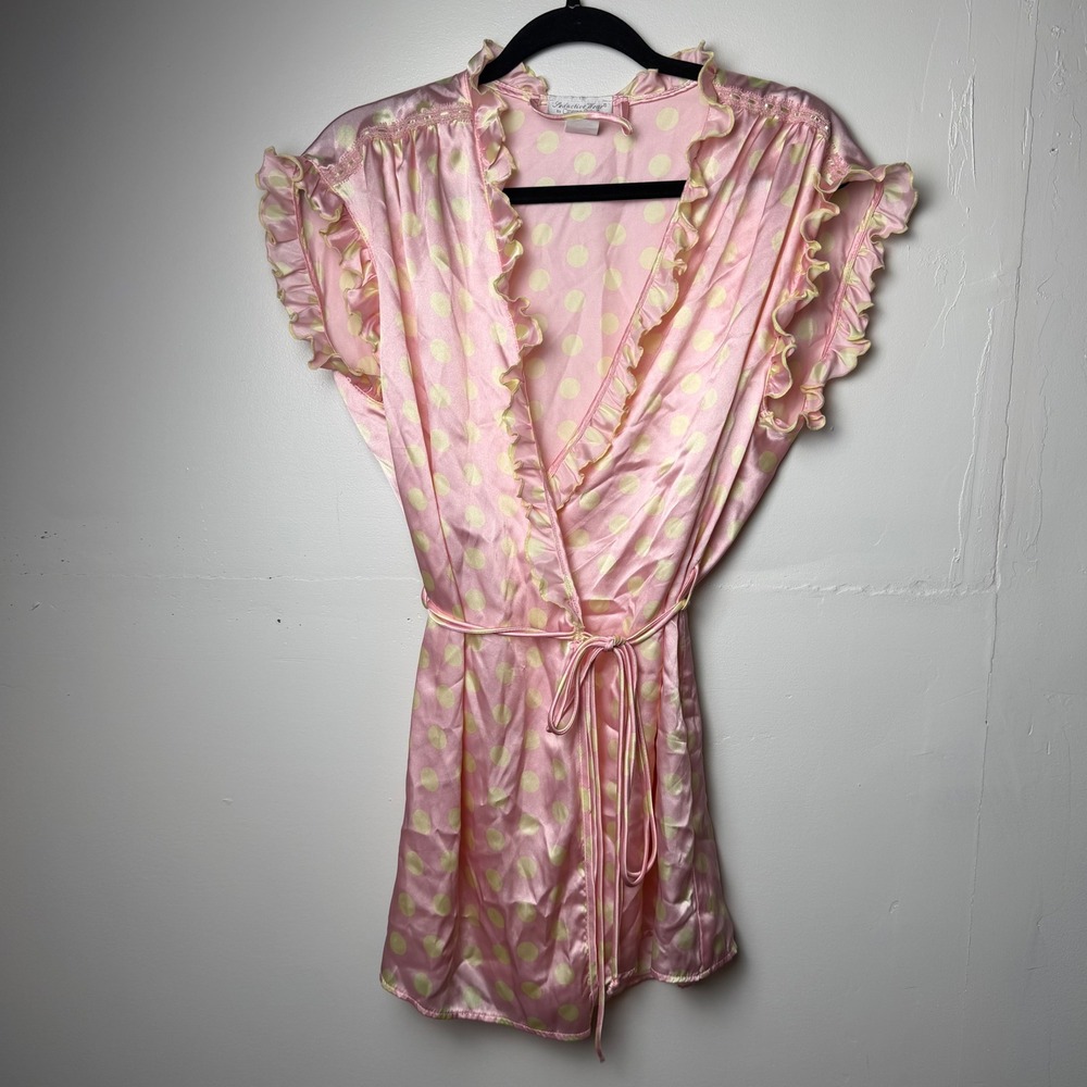 Cinema Exoile Pink & Yellow Polla Dot Slip Robe w Ties Sz L Coquette Nightwear
